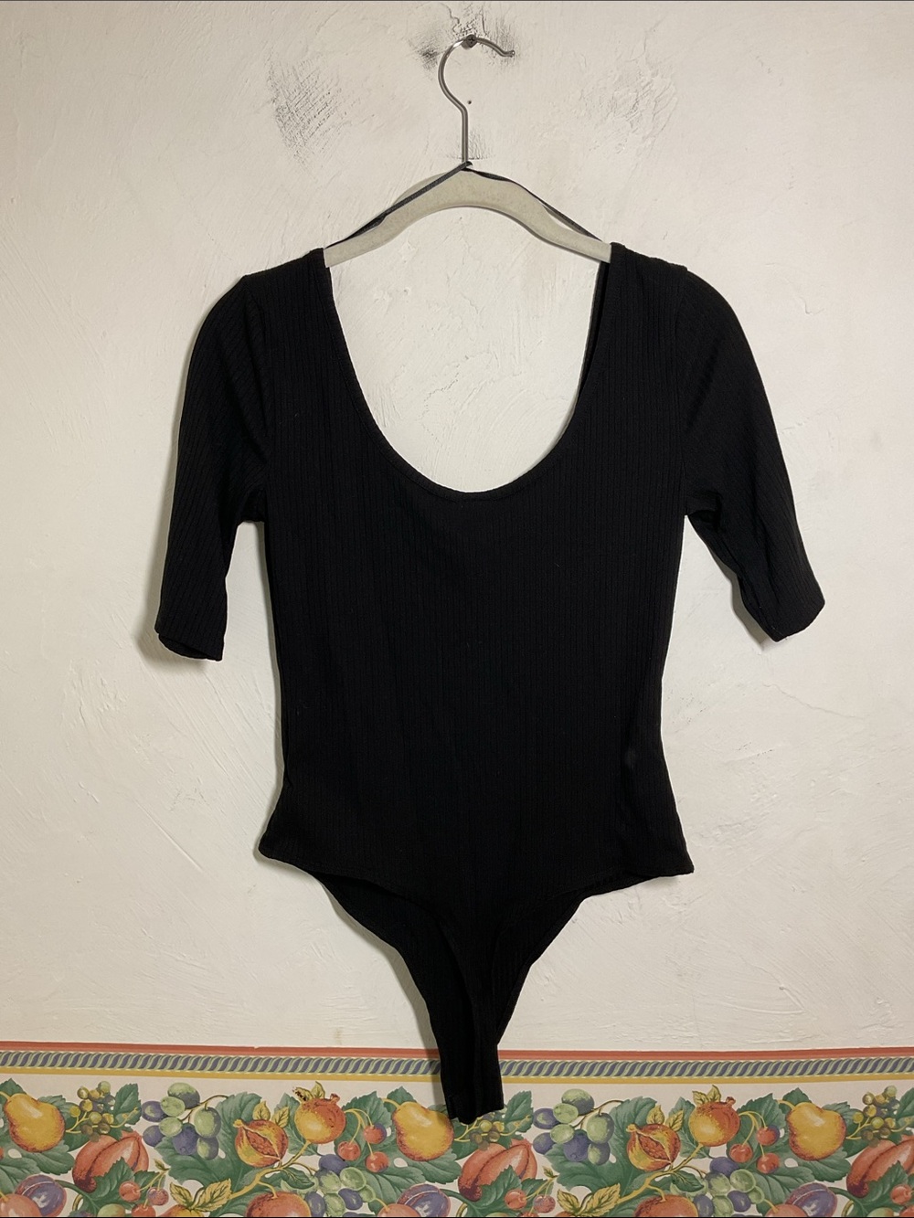 H&M Black Ribbed Notch Neck Elbow Sleeve Thong Bodysuit Size S - Picture 4 of 9